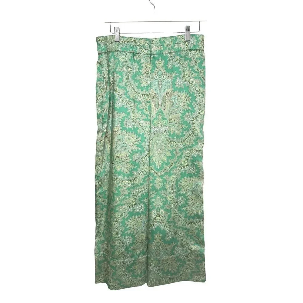 J Crew Collection Pants Womens 8 Green Paisley Satin Wide Leg Cropped AV440